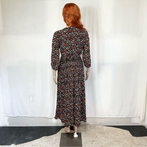 J Gee Black Red Ditsy Floral Button-Up 3/4 Sleeve Midi Boho Dress Medium Petite - Picture 5 of 12